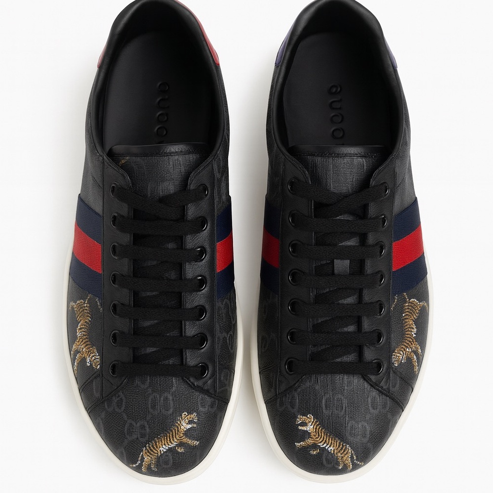 Gucci Black Sneakers with Red and Blue Accents